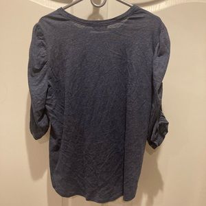Democracy Ruched Elbow Puff Sleeve Scoop Neck Knit Tee.Heather/Blue/Denim color.